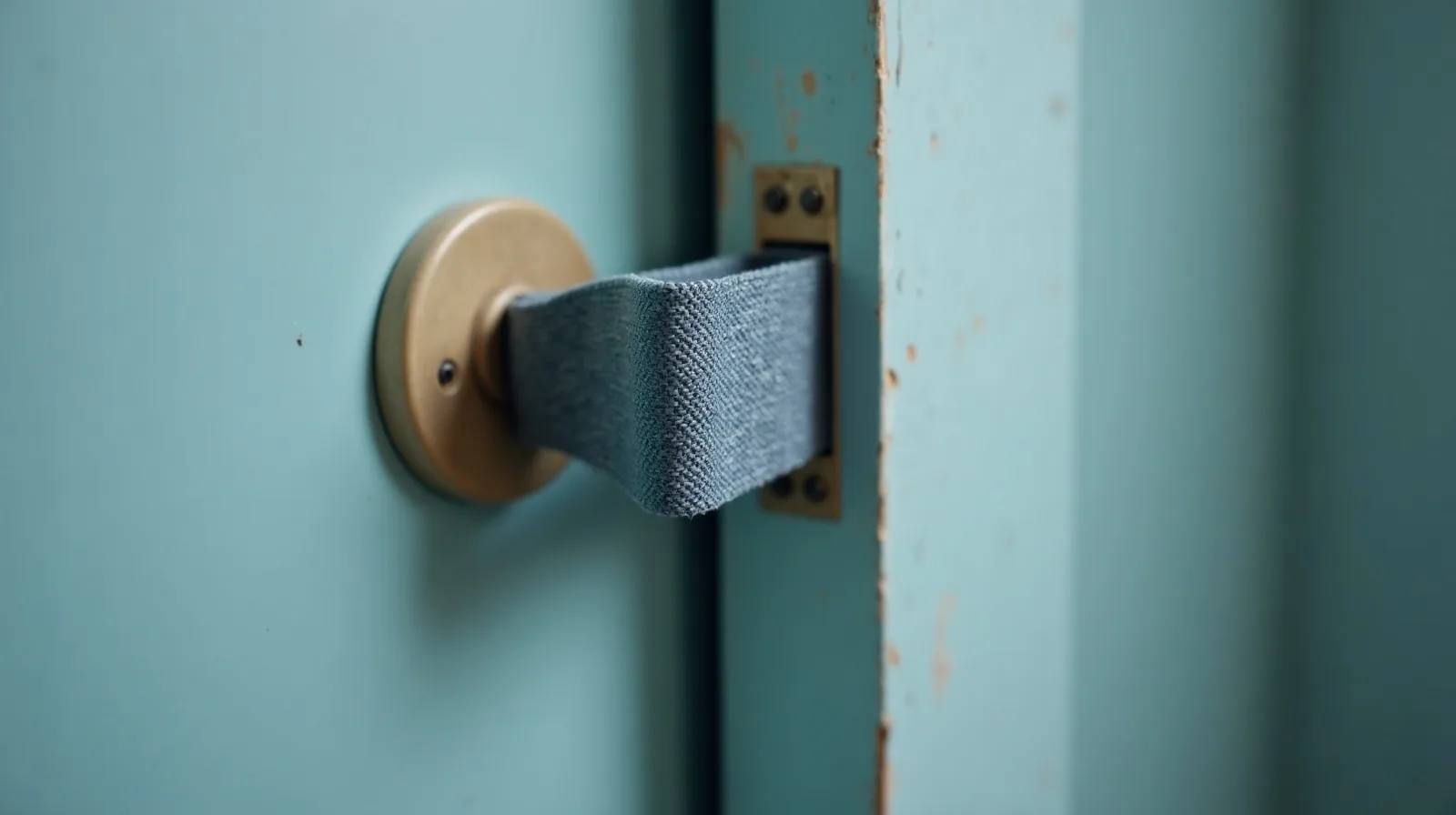 A resistance band threaded through a door anchor secured at the hinge side of a closed door