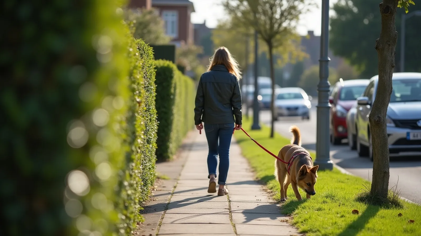 A person seen from behind walking a dog along a paved neighborhood path with hedges and parked cars alongside