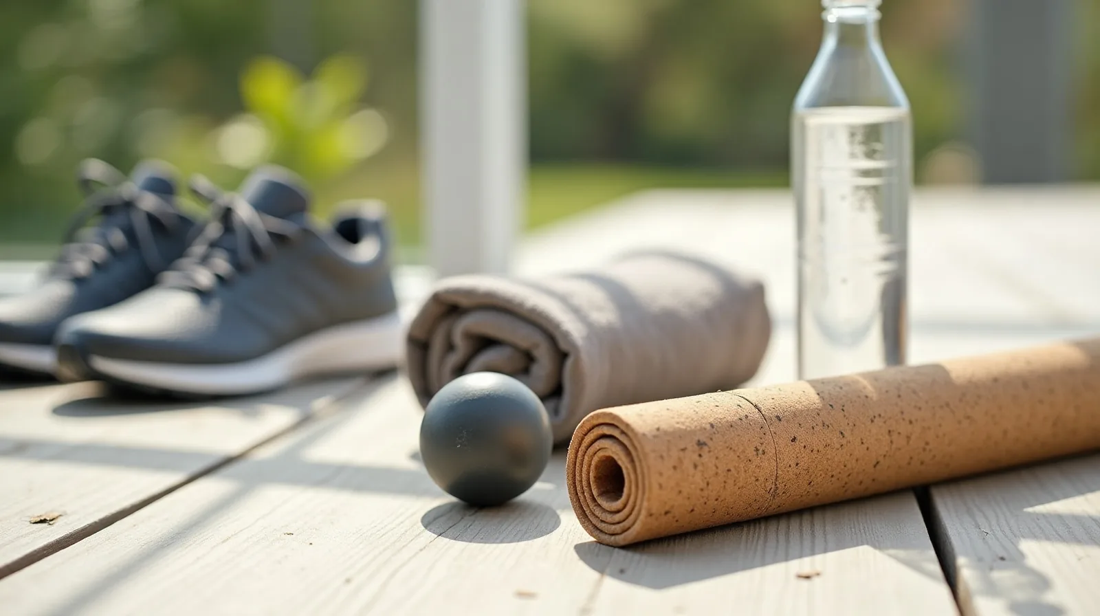 A close view of a rolled cork mat, a small massage ball, untied walking shoes and a folded towel on a pale wood floor