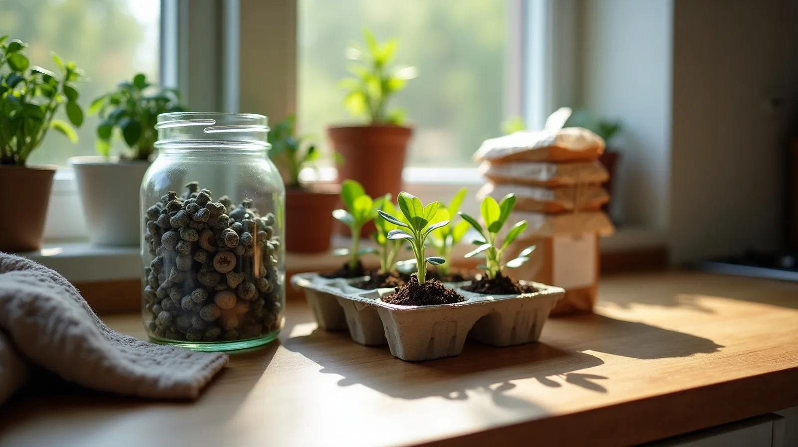 A close view of a kitchen counter holding a washed glass jar full of screws, a paper egg carton of seedlings, bread tags clipped to a coiled cable and stacked takeout containers
