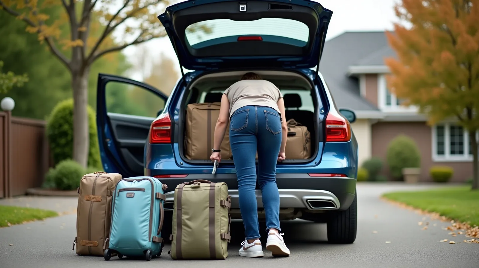 A traveler leaning into the open trunk of a hatchback in a driveway, with duffel bags and a water jug waiting on the pavement