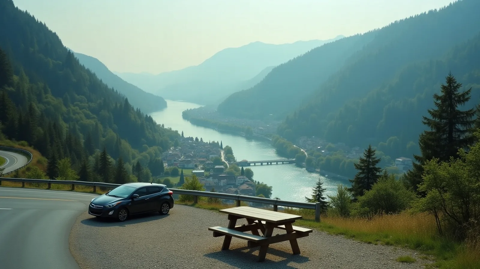 A two-lane highway curving through a river valley toward a small town, with a car stopped at a gravel overlook beside a picnic table