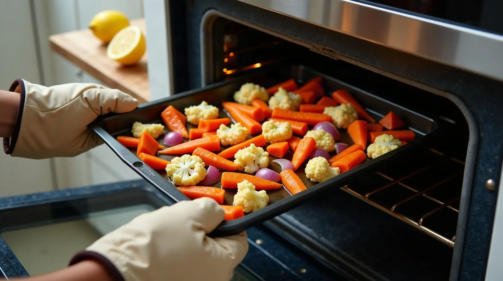 A person in oven mitts sliding a dark sheet pan of oiled carrot sticks, cauliflower florets and red onion wedges into an open oven, a halved lemon on the counter behind