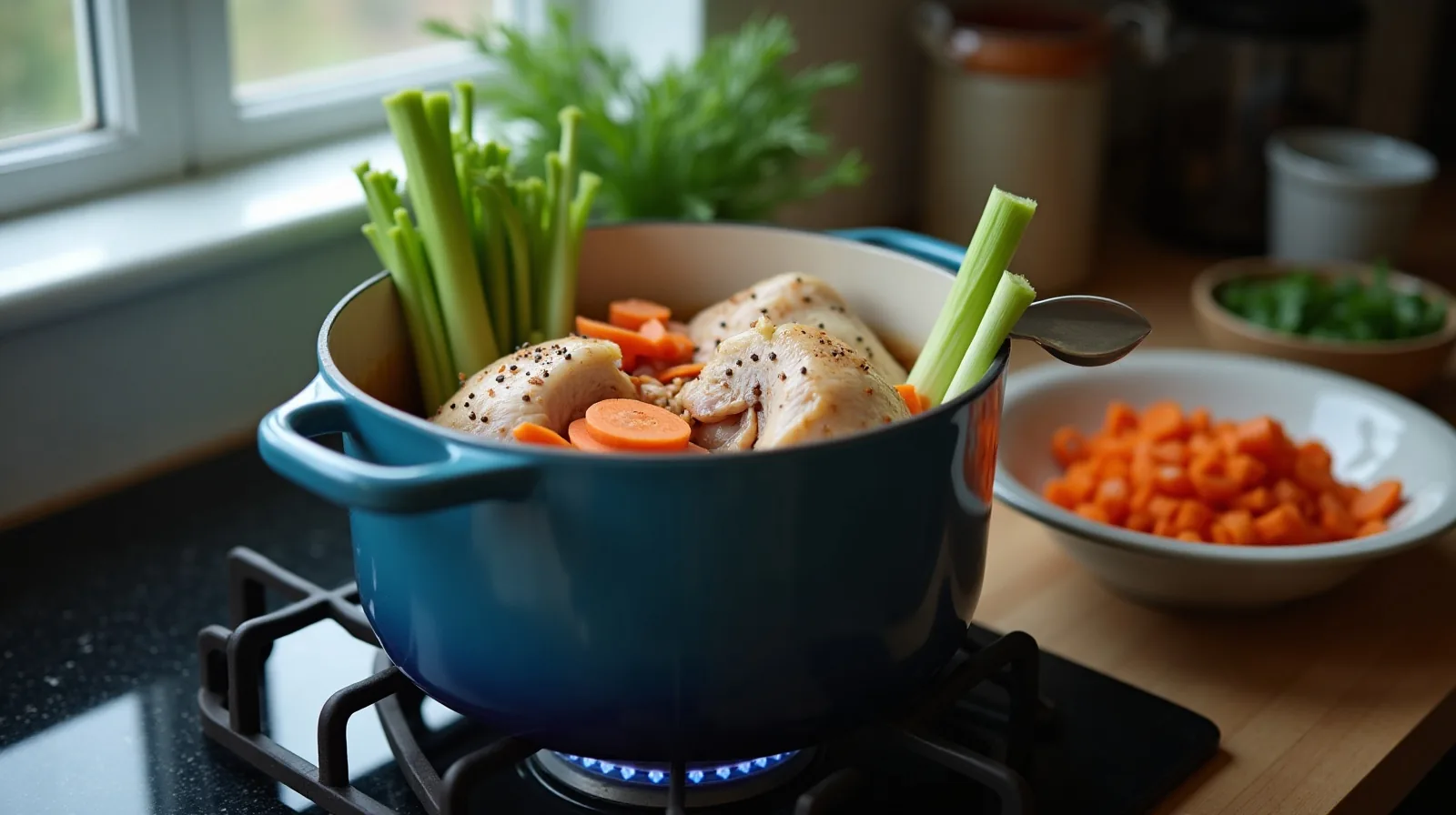 A stockpot on a stove holding a stripped chicken carcass with carrot ends, halved onion and celery tops, a ladle against the rim and a bowl of trimmings alongside