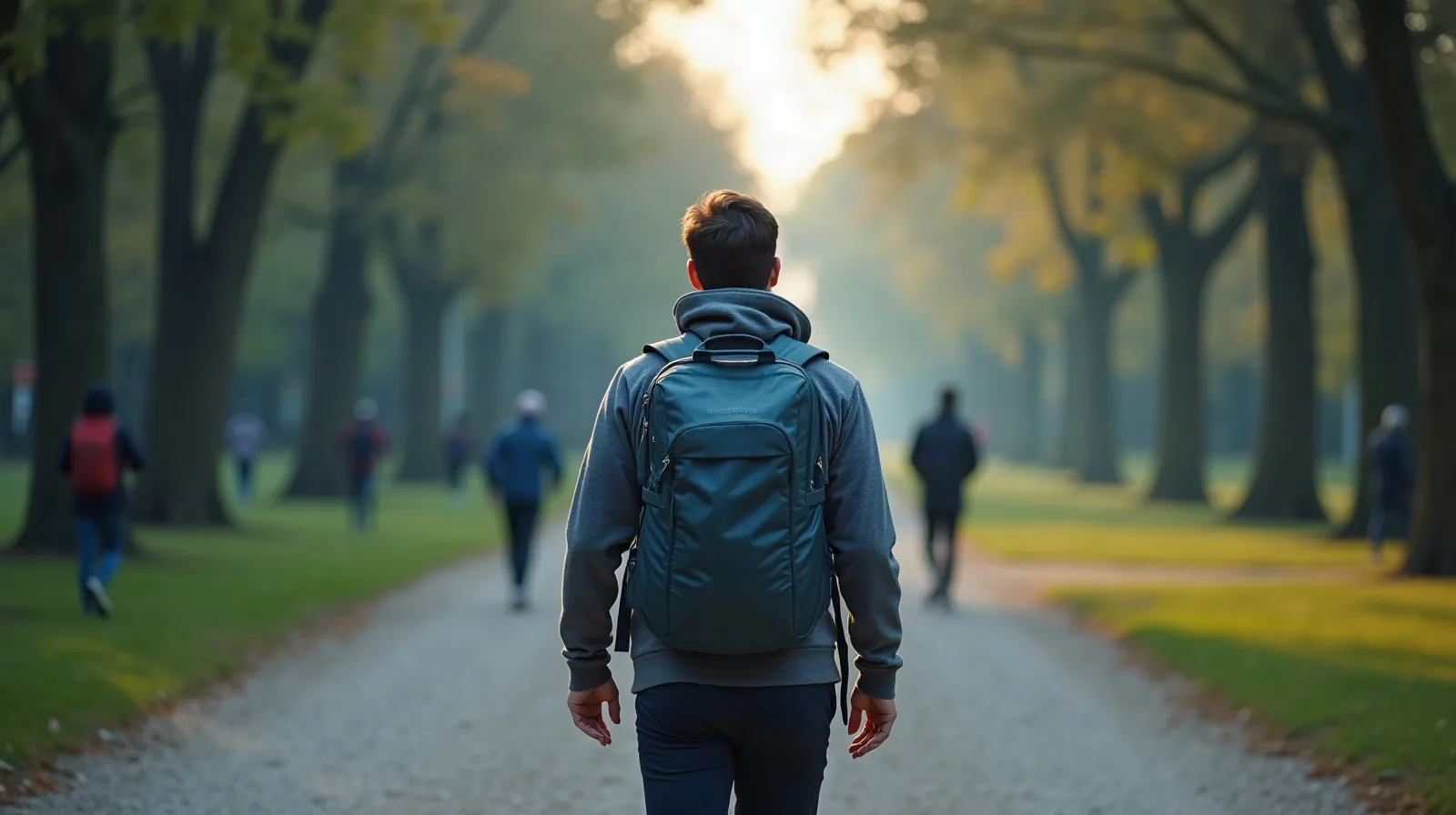 A person seen from behind walking along a wide gravel park path with a loaded backpack, its straps cinched snug, other early walkers and trees visible in the distance