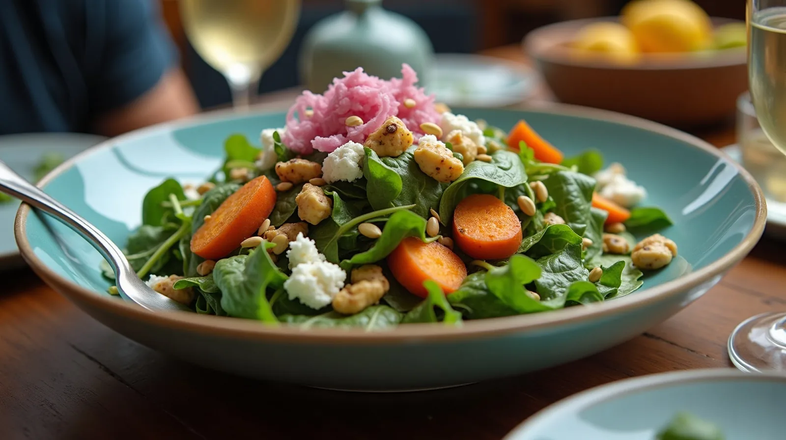 A colorful salad of greens, roasted sweet potato, crumbled cheese, toasted seeds and pickled red onion in a wide ceramic bowl on a set dinner table