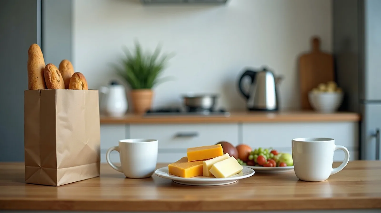A half-unpacked paper grocery bag of bread, cheese and fruit on a small rented apartment counter beside a compact fridge, a kettle and two mugs