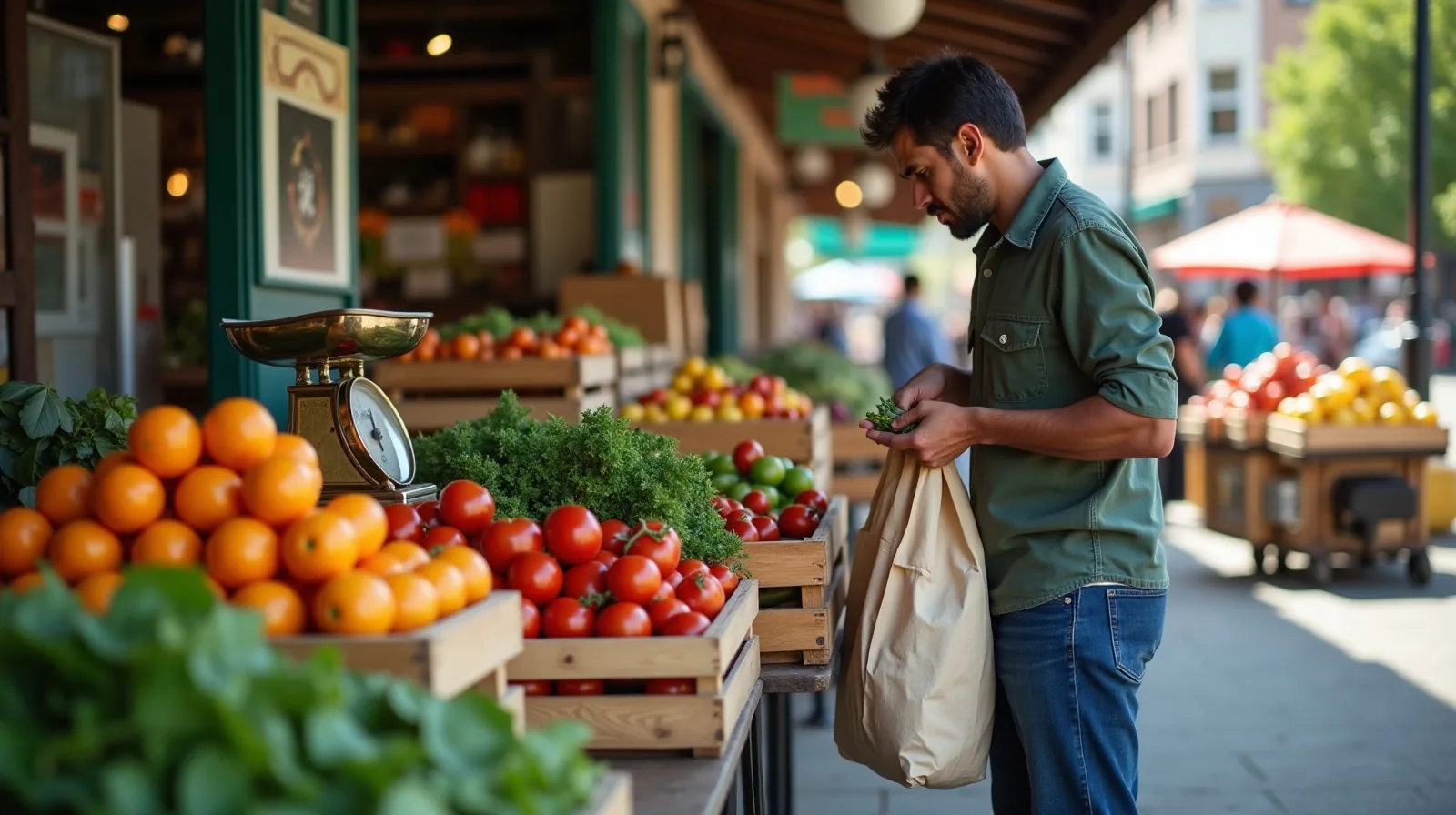 A covered market aisle with crates of oranges and tomatoes on folding tables, a hanging scale, and a shopper in profile filling a cloth bag