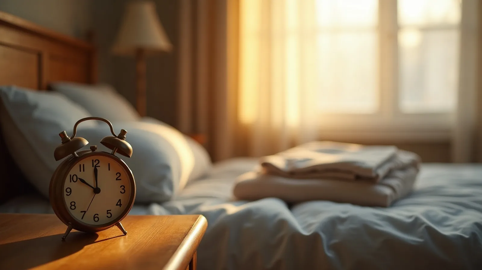A simple analog alarm clock on a child's nightstand beside a folded outfit laid out for the next school day