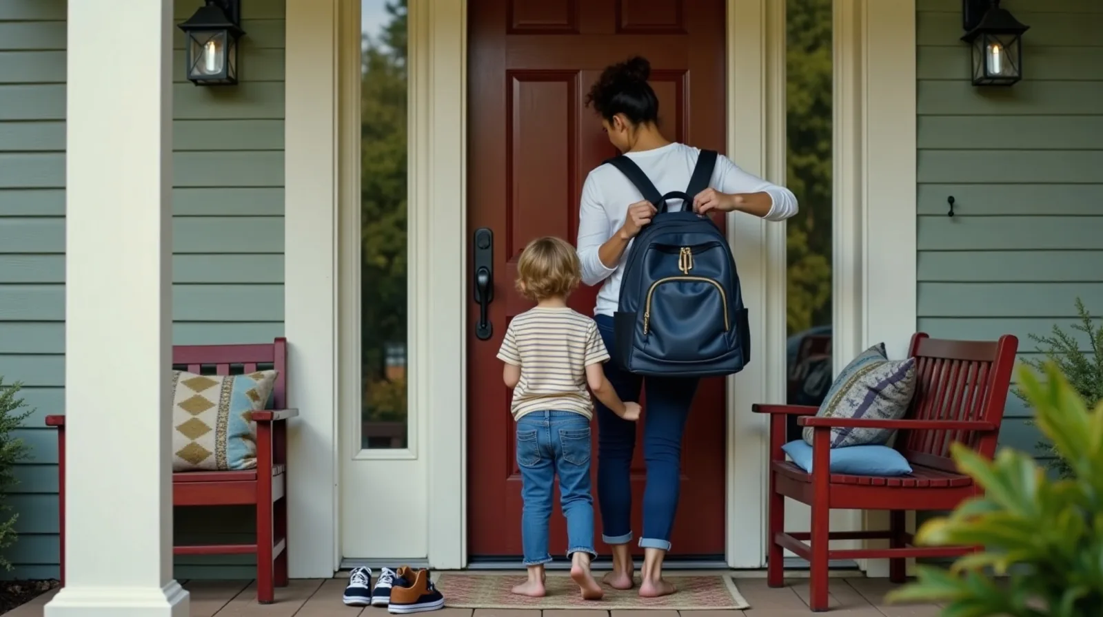 A parent and child seen from behind hanging a packed school backpack by the front door with the next day's outfit laid out on a bench