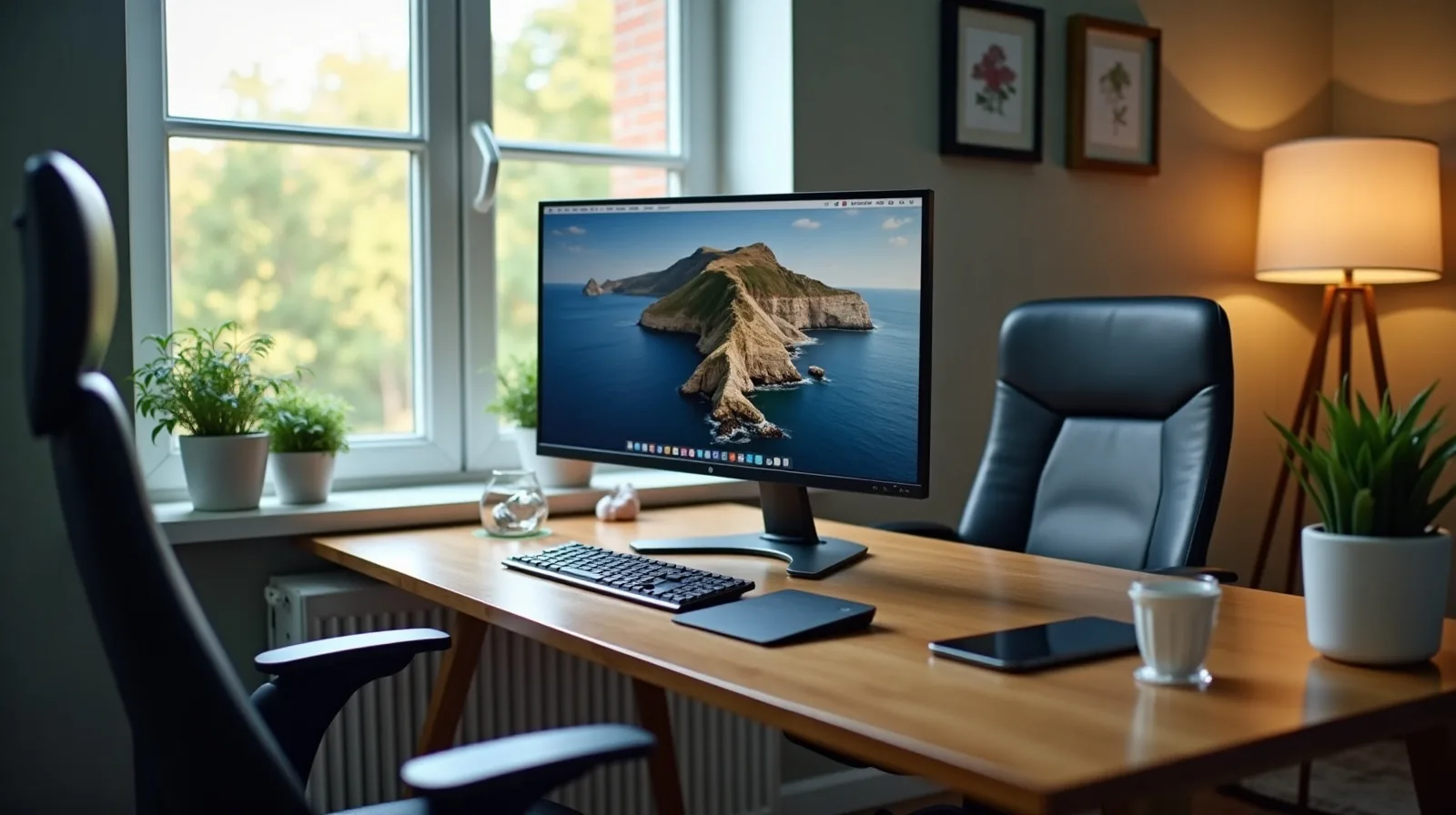 Home office with a monitor set an arm's length back on the desk, a window to one side and a chair pushed in.