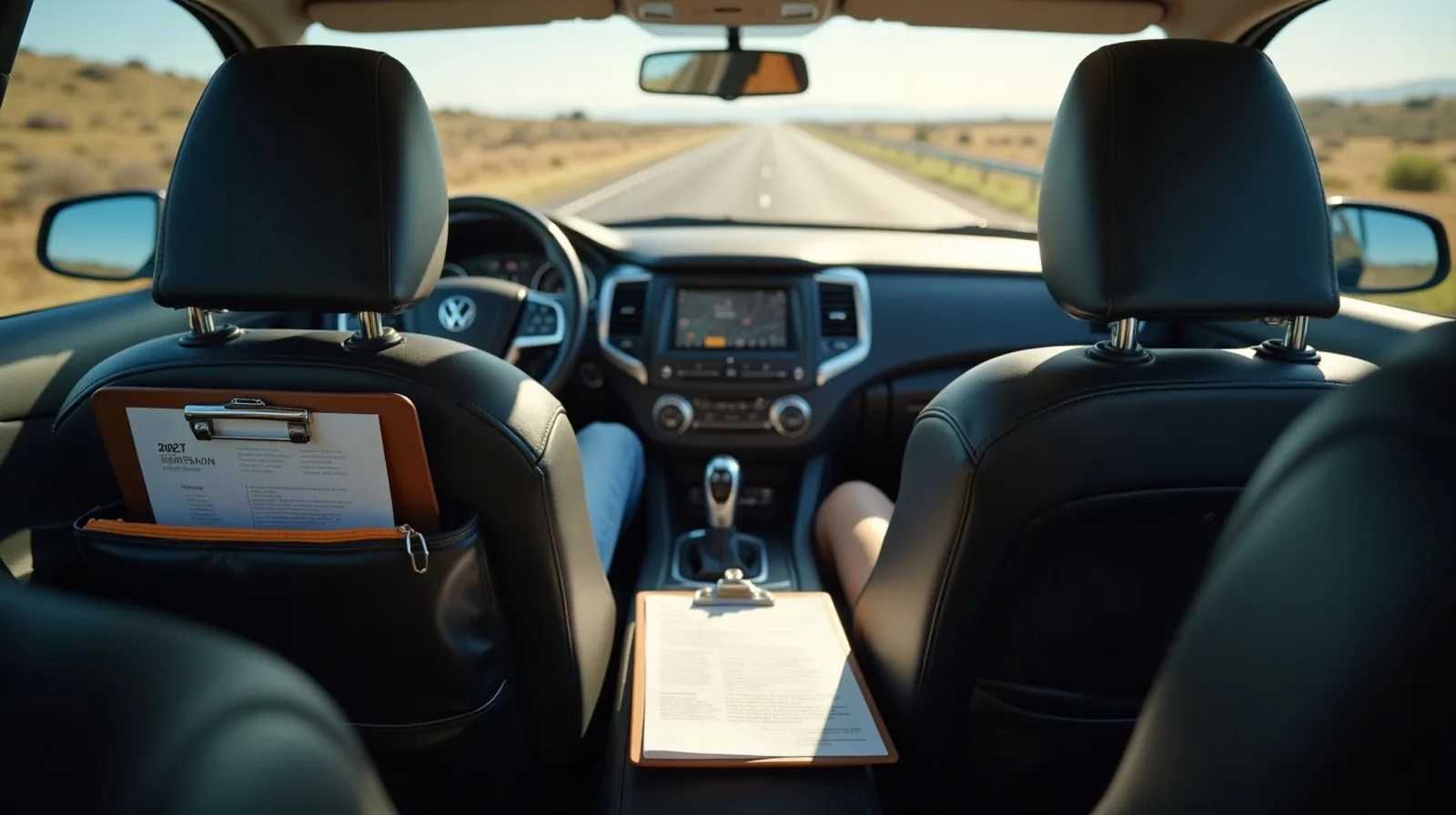 A car backseat set up for a road trip with a clipboard, pencil pouch and sticker sheets, open highway visible through the windows