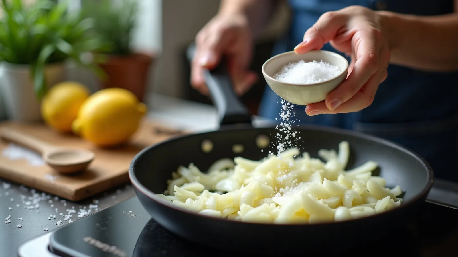 A hand pinching coarse salt from a small ceramic bowl over a pan of softening sliced onions, with a wooden spoon and a halved lemon on the counter alongside scattered salt grains