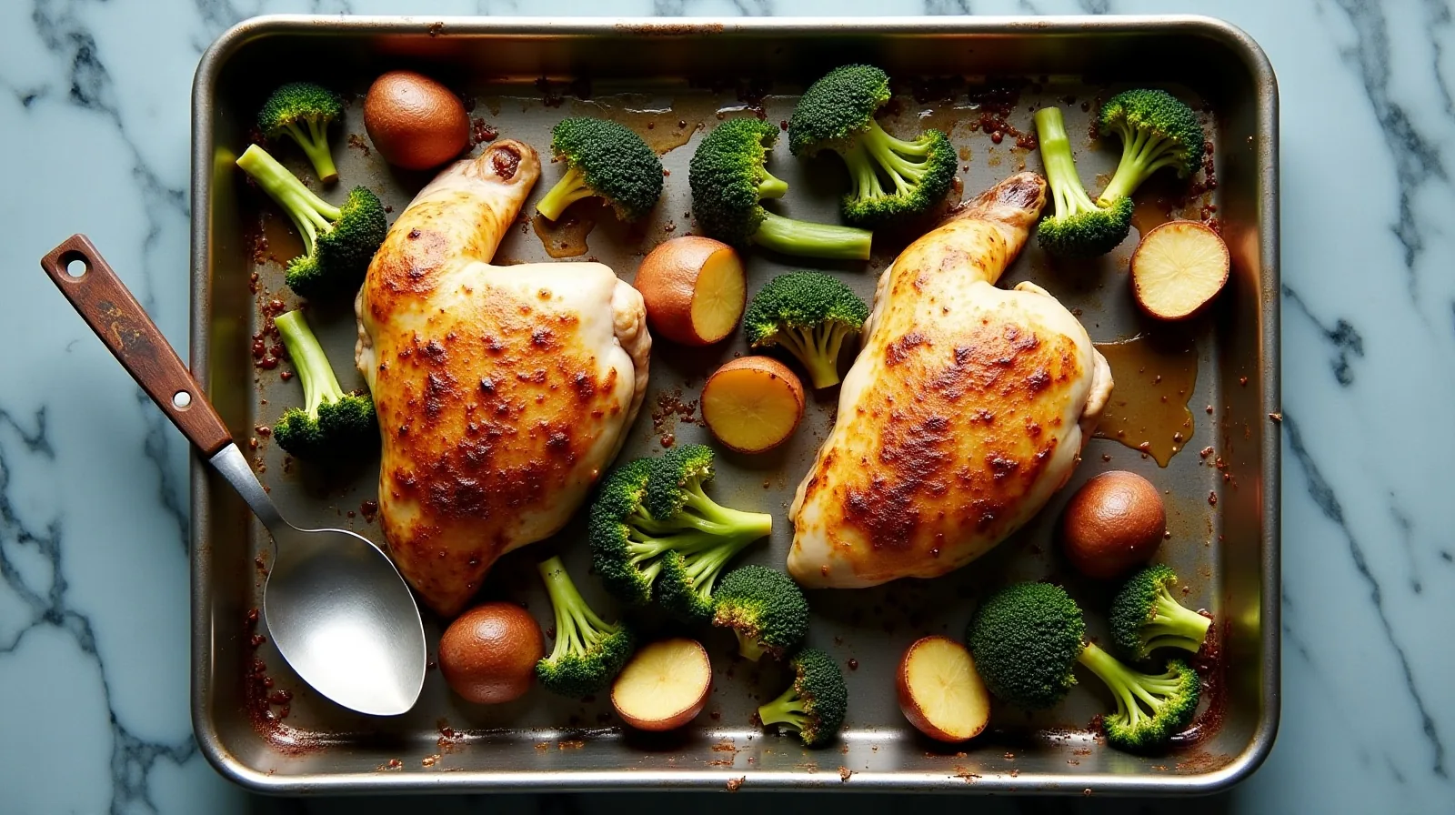 A sheet pan of roasted chicken thighs, potato wedges and broccoli florets in a single uncrowded layer seen from directly above on a kitchen counter