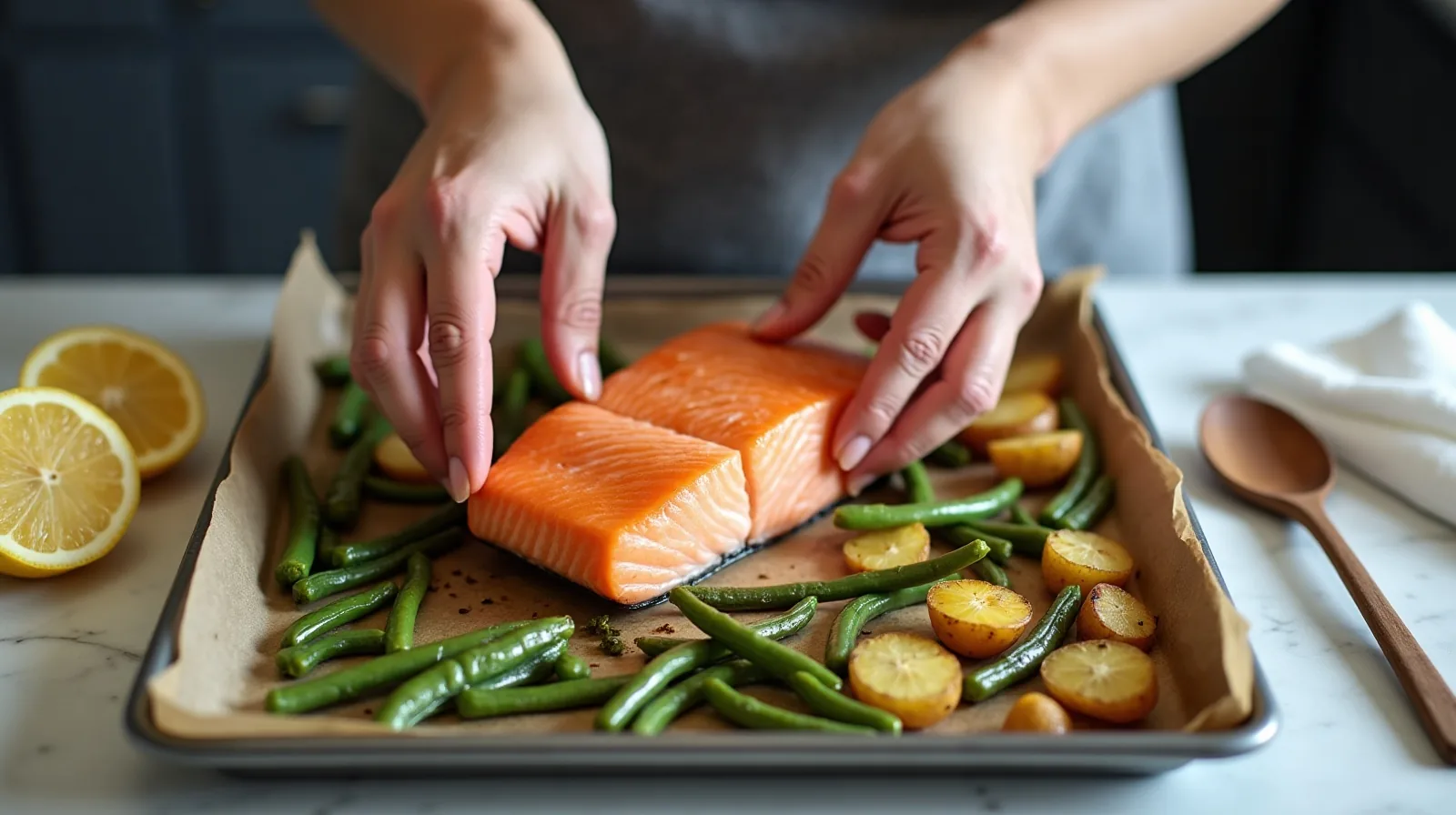 Hands lowering a salmon fillet onto a sheet pan of half-roasted potatoes and green beans on a cluttered kitchen counter