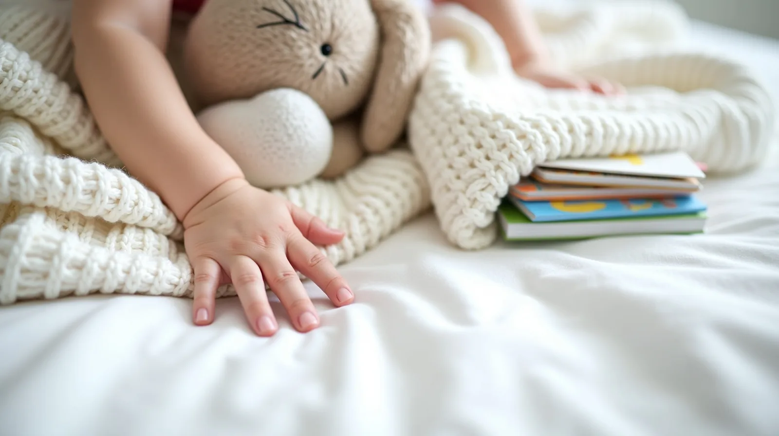 A close view of a small child's hand resting on a rumpled white cotton bedsheet beside a well-worn stuffed rabbit, a folded knit blanket, and picture books stacked face down.