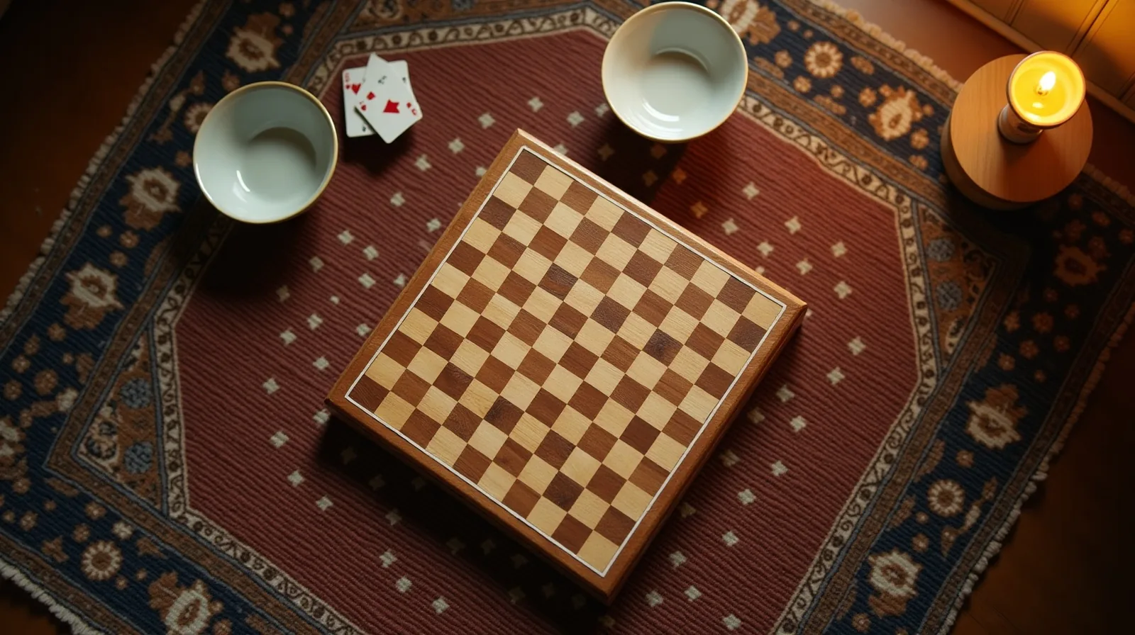 A checkers board, split deck of cards, sand timer and two matching snack bowls arranged on a living room rug