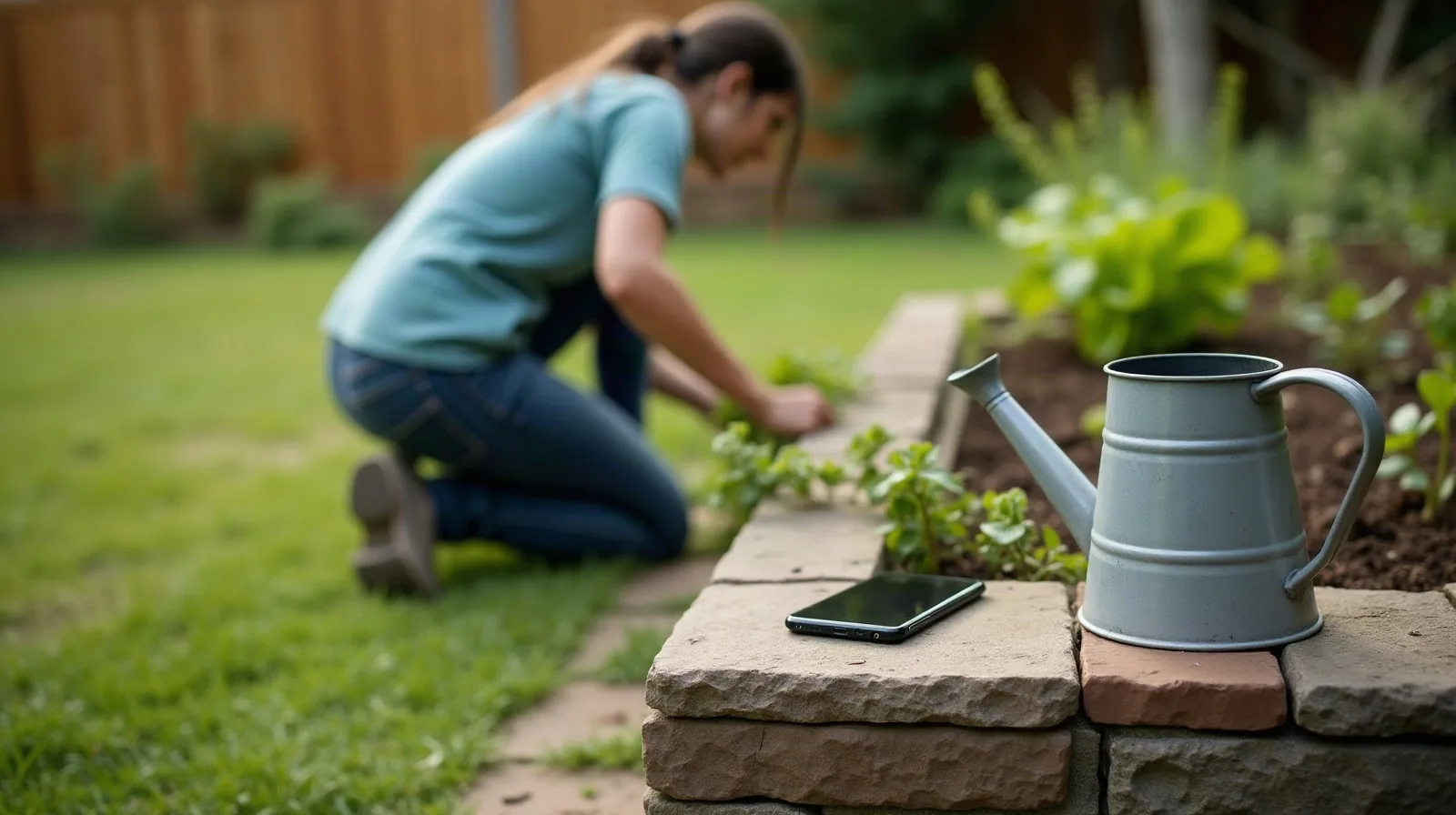 A person seen from behind kneeling at a raised backyard garden bed pulling weeds, with a smartphone lying on a stone ledge several steps away beside a galvanized watering can