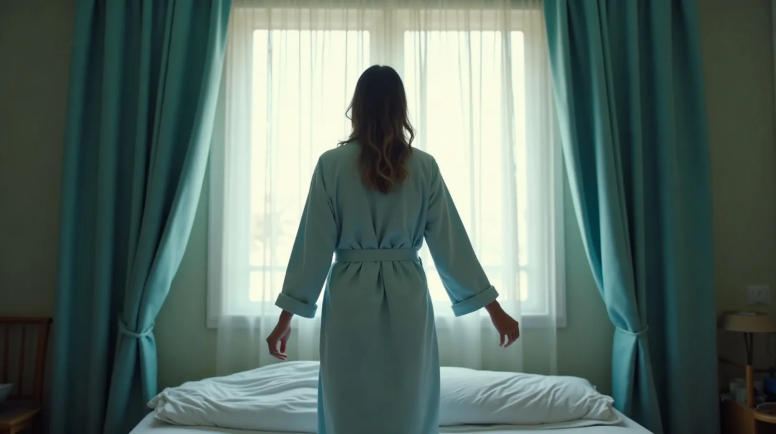 A person opening bedroom curtains shortly after waking