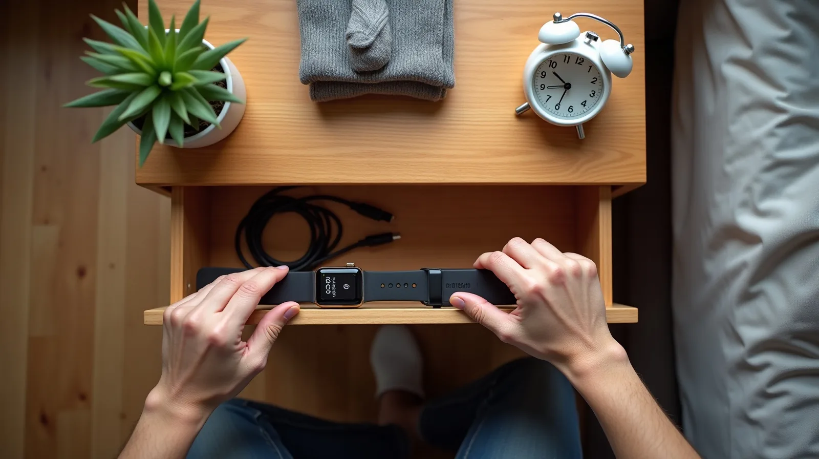 Hands placing a wrist tracker into an open bedside drawer next to a coiled charging cable, with a small wind-up alarm clock on the table above