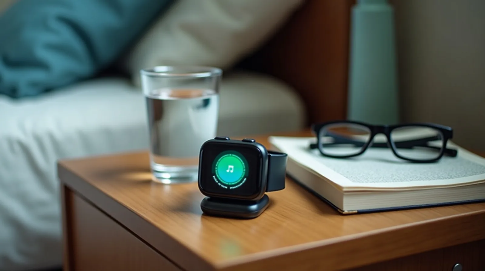 A close view of a wrist tracker and its small charging puck on a bedside table beside folded reading glasses, a water glass and a splayed paperback