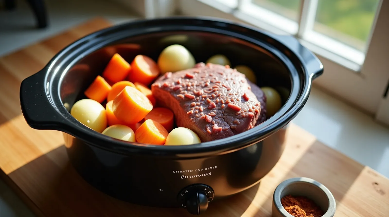 A slow cooker insert loaded with raw carrots, potatoes, onions and a chuck roast beside a small bowl of measured spices