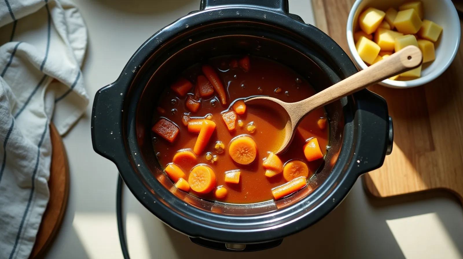 An open slow cooker insert on a cluttered counter holding a stew where carrots have collapsed into the sauce, with a ladle across the rim, a chipped bowl and a board of firm potato chunks