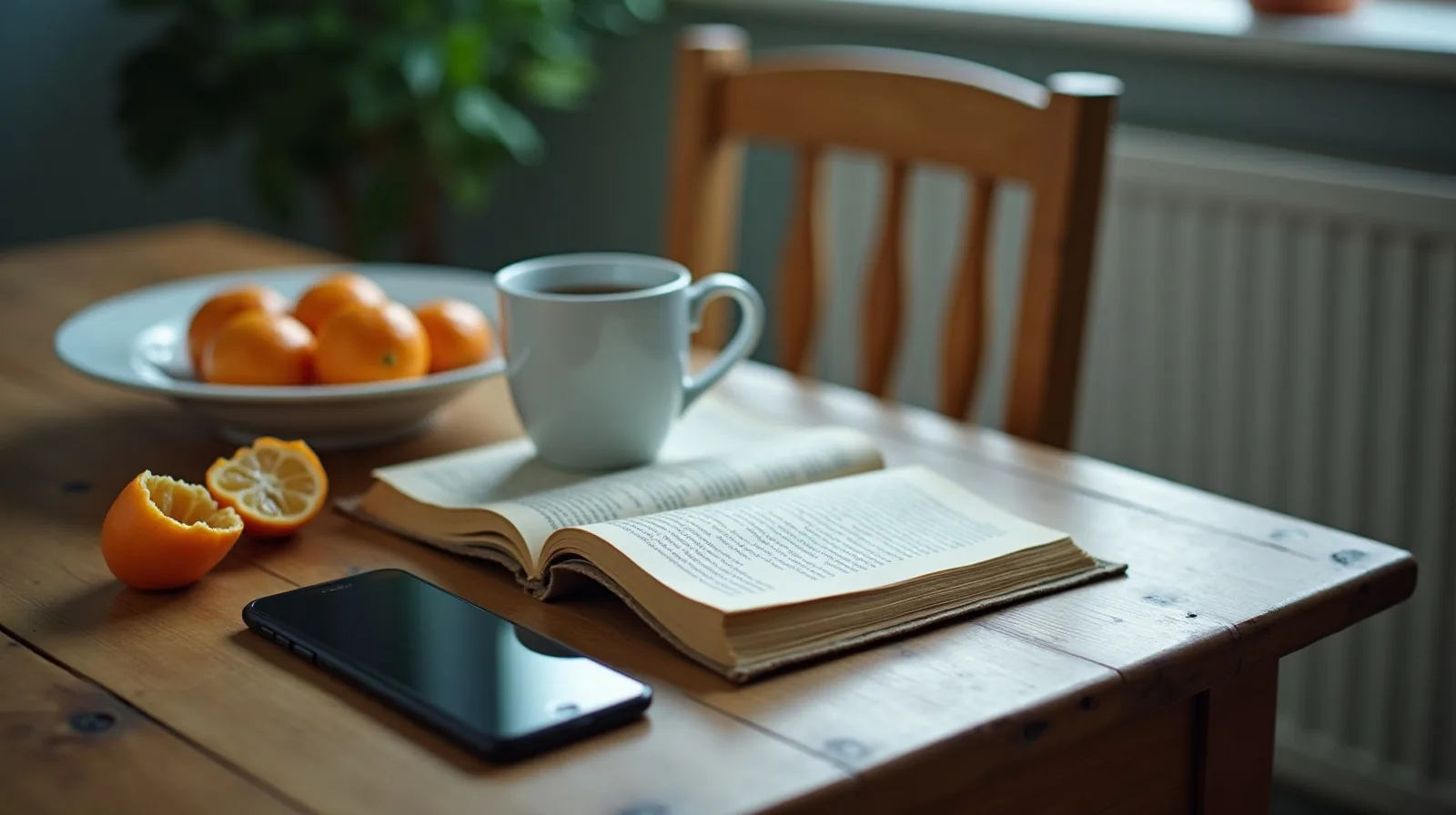 A worn kitchen table holding a half-finished mug of tea, an open paperback lying face down, a phone turned screen down and a bowl of clementines