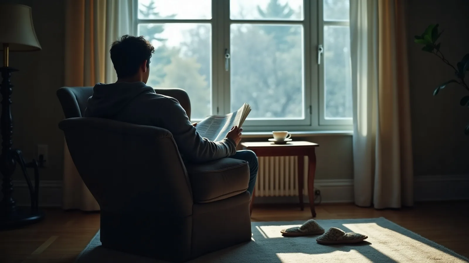A person reading a newspaper in an armchair by a window, with a teapot and cup on a side table.