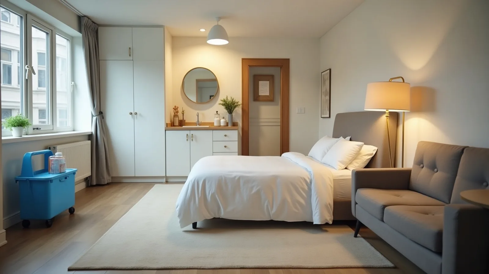 A tidy compact studio apartment with a made bed, small sofa, kitchenette, and a cleaning caddy by the bathroom door.