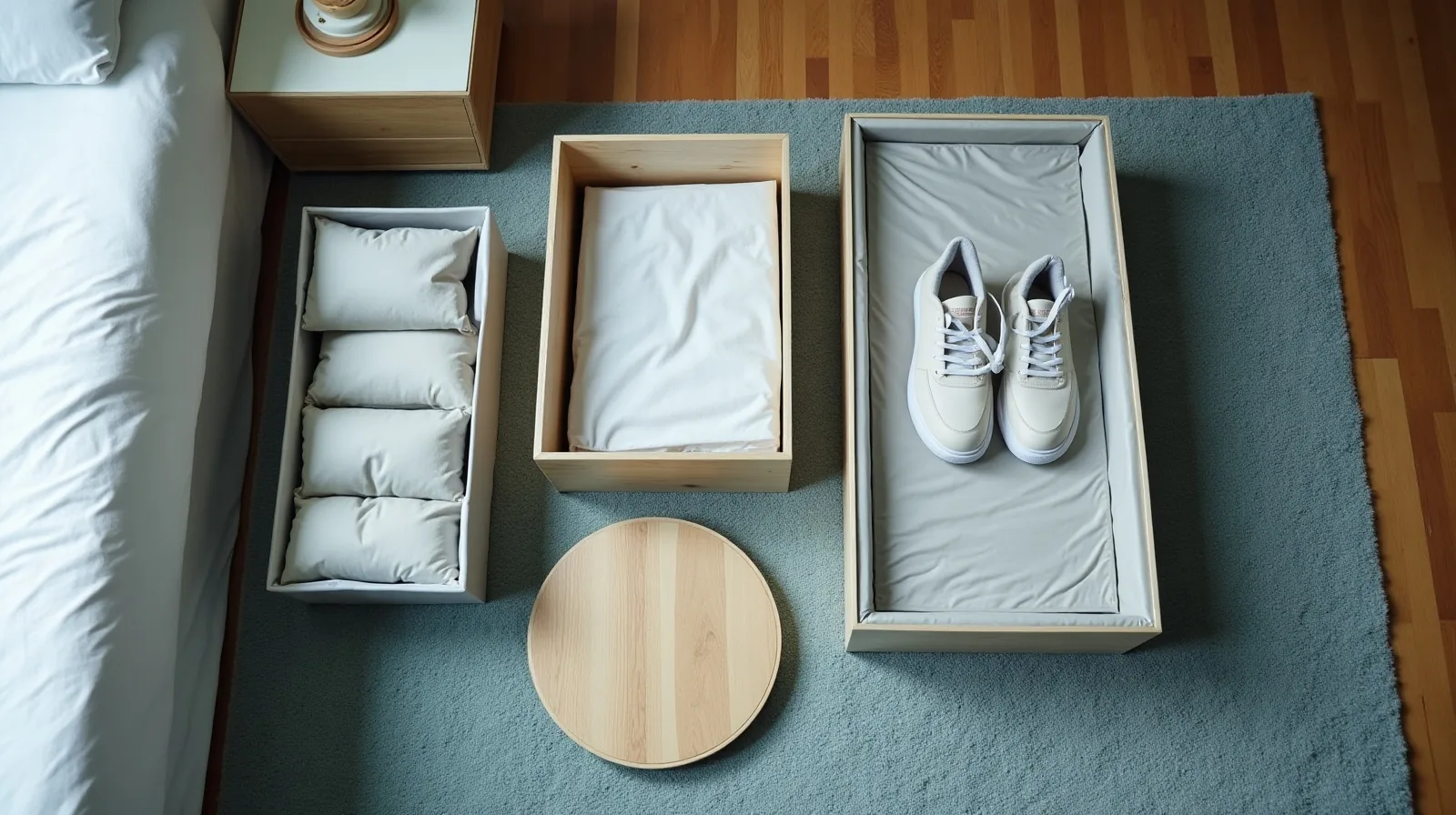 Under-bed bins, a vacuum storage bag, an over-door organizer, a turntable tray, and shelf risers arranged on a bedroom rug.