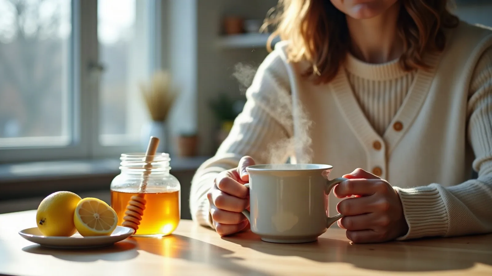 A person in a cream knit cardigan seated at a bright kitchen table, both hands around a steaming mug of tea beside a jar of honey with a wooden dipper and two lemons on a small plate, a window with bare autumn trees behind