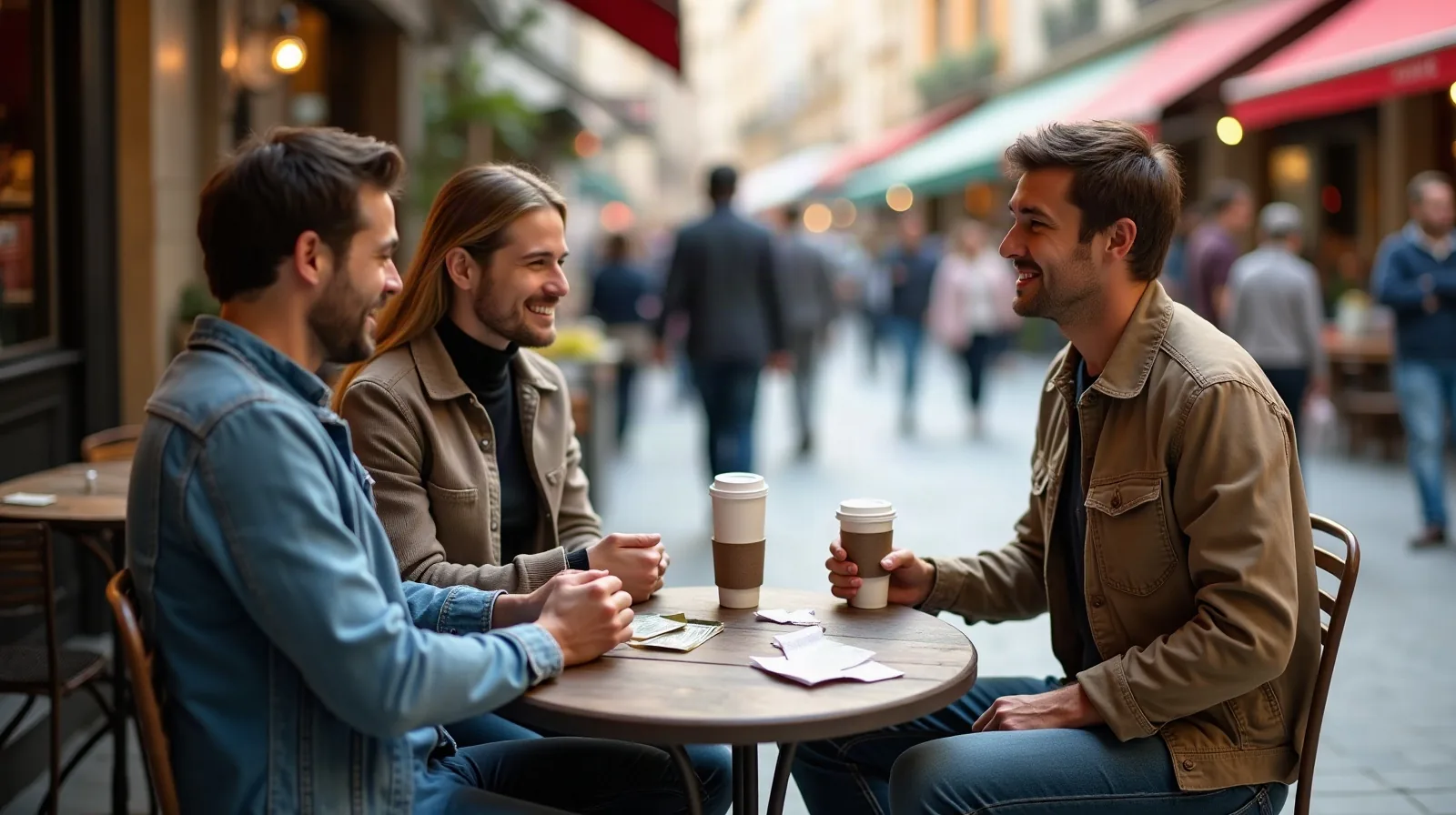 Three friends seated around a small outdoor café table on a busy pedestrian market street, seen mostly from the side and back, one person counting out a small stack of paper bills onto the table while the other two lean back at ease, empty coffee cups and a folded paper receipt scattered between them, colorful shop awnings and passing shoppers filling the street beyond