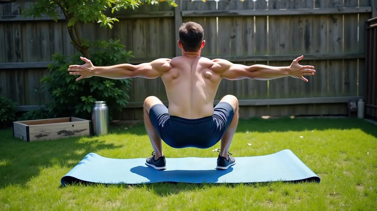 A person seen from behind in a deep bodyweight squat on a blue exercise mat in a sunny backyard, arms stretched out to the sides, a wooden fence behind them, a low wooden box and a steel water bottle in the grass