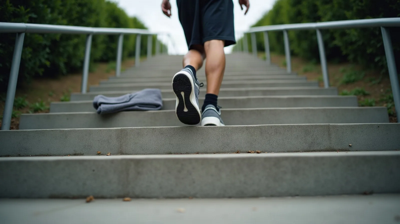 A low view of a person&rsquo;s athletic shoes and lower legs mid-step on wide concrete outdoor stairs beside a steel handrail, a folded gray towel resting on a step above, a long flight of stairs rising toward a tree-lined hillside