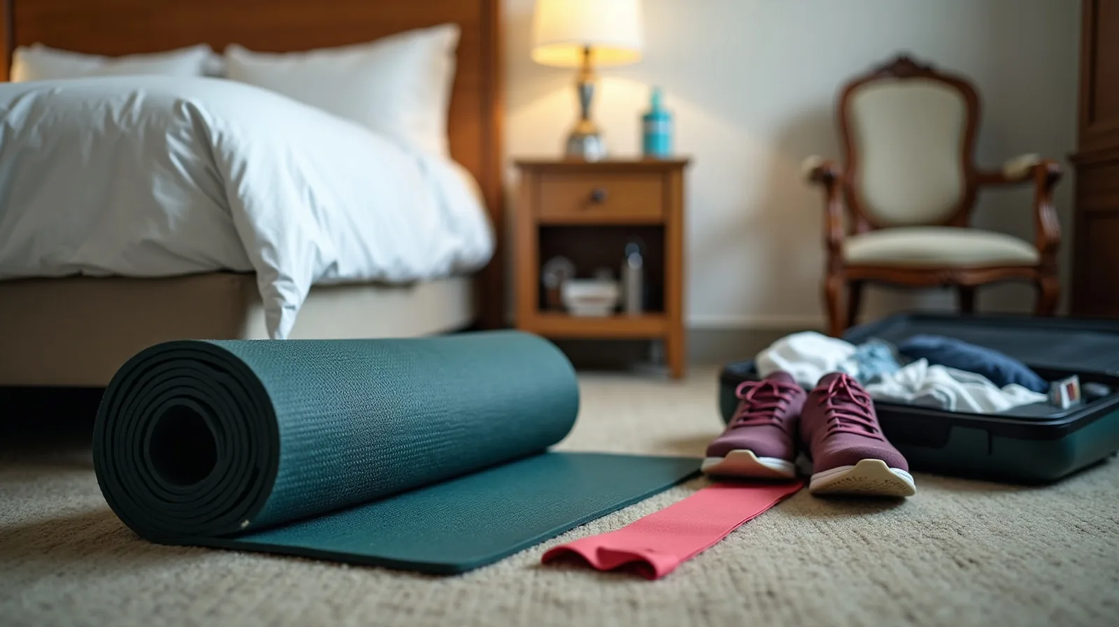 A folded travel mat, a coiled resistance band and worn running shoes on the carpet at the foot of a made hotel bed, beside an open suitcase