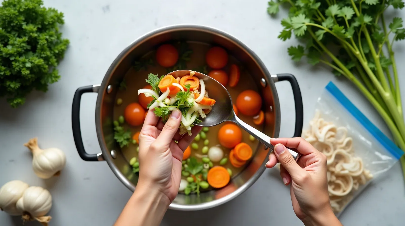 Overhead view of hands holding a spoonful of carrot, onion and parsley scraps above a large stainless steel stockpot of simmering vegetables, with fresh parsley, celery stalks, garlic bulbs and a freezer bag of vegetable scraps on a light counter