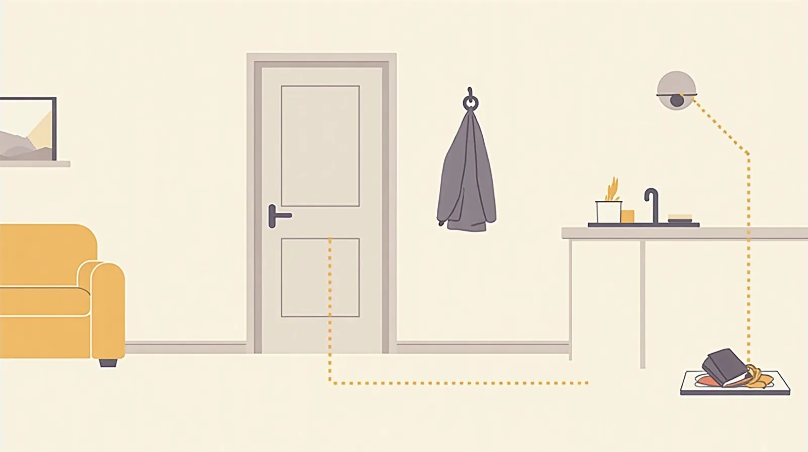 Flat illustration of a front door with faint dotted trails wandering toward different rooms and one bold path leading to a small tray holding keys and a wallet