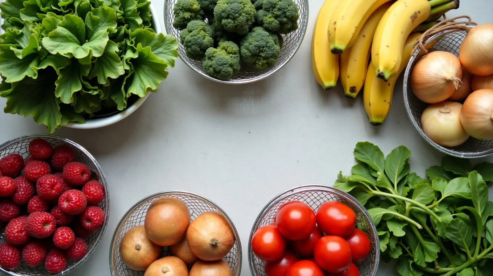 Fresh produce sorted into groups on a kitchen counter with washed greens on a dish towel, berries in a colander, tomatoes and bananas set apart, and potatoes and onions in separate baskets