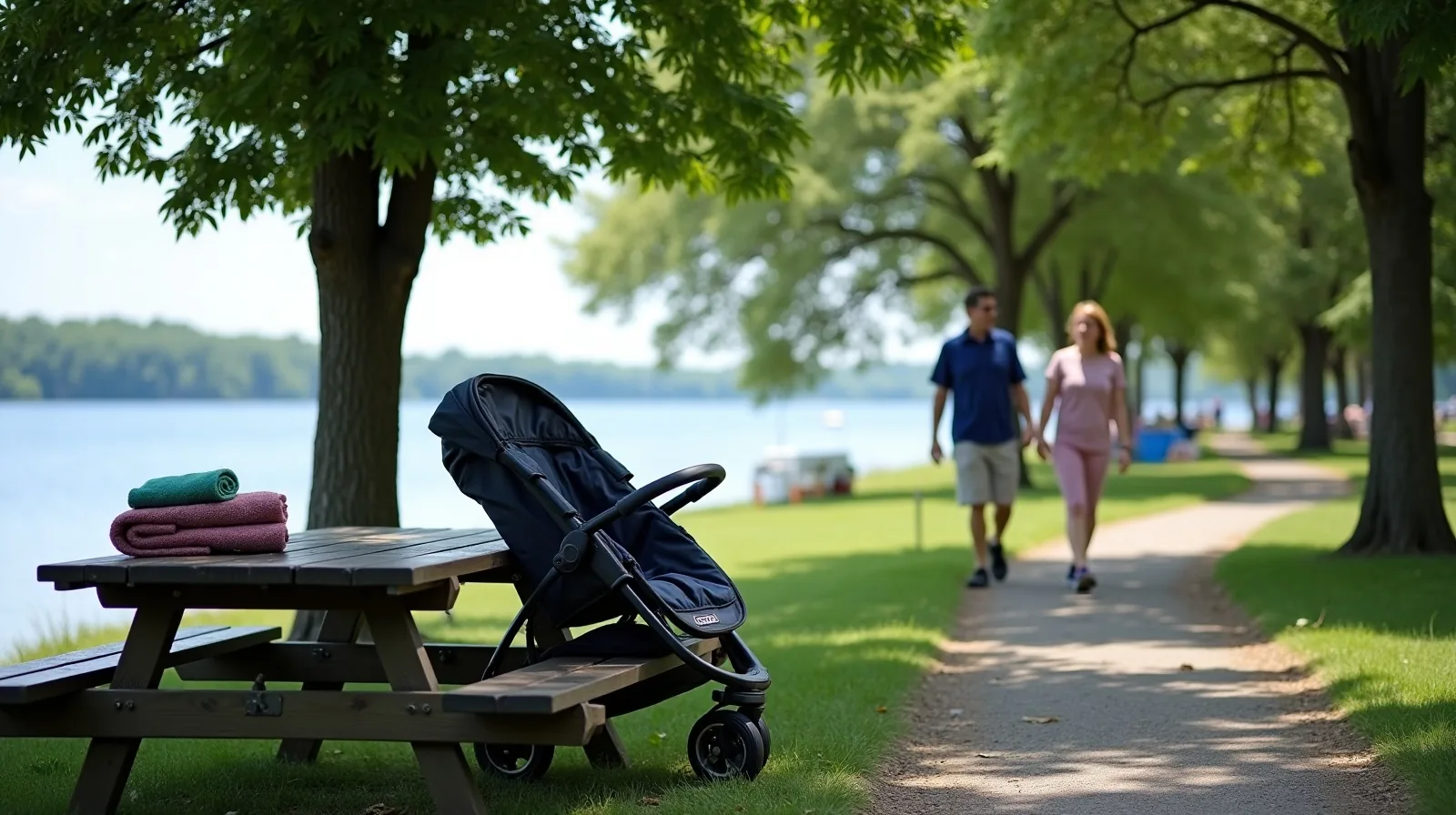 A shaded picnic table and a folded stroller beside a lakeside campground path, with towels drying on a bench rail and a family walking away toward the water