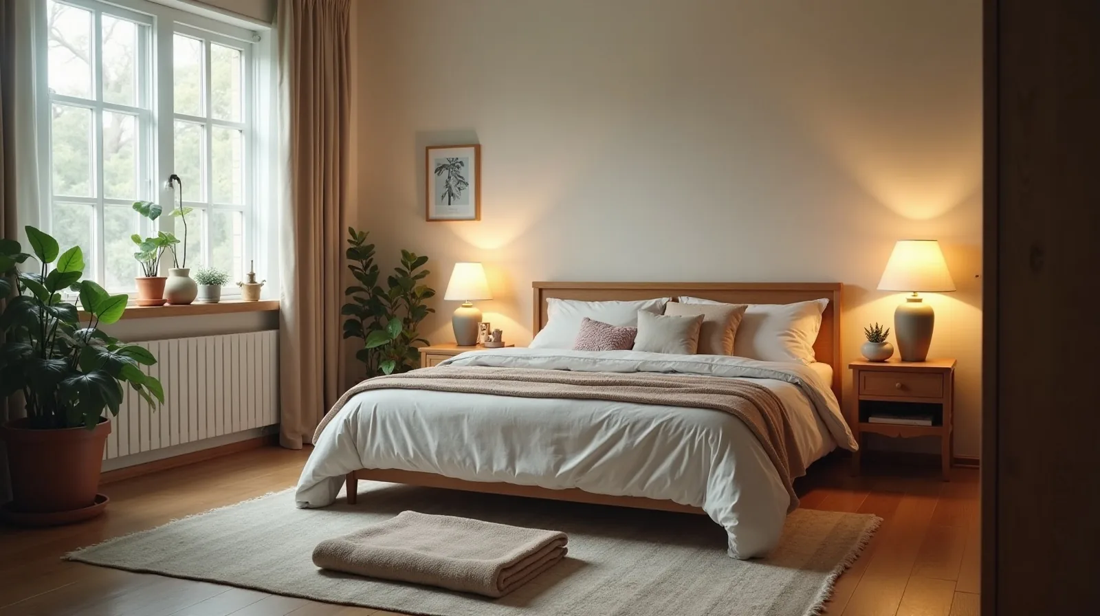 A bedroom with an unrolled stretching mat on the rug at the foot of the bed and clear wall space beside the nightstand