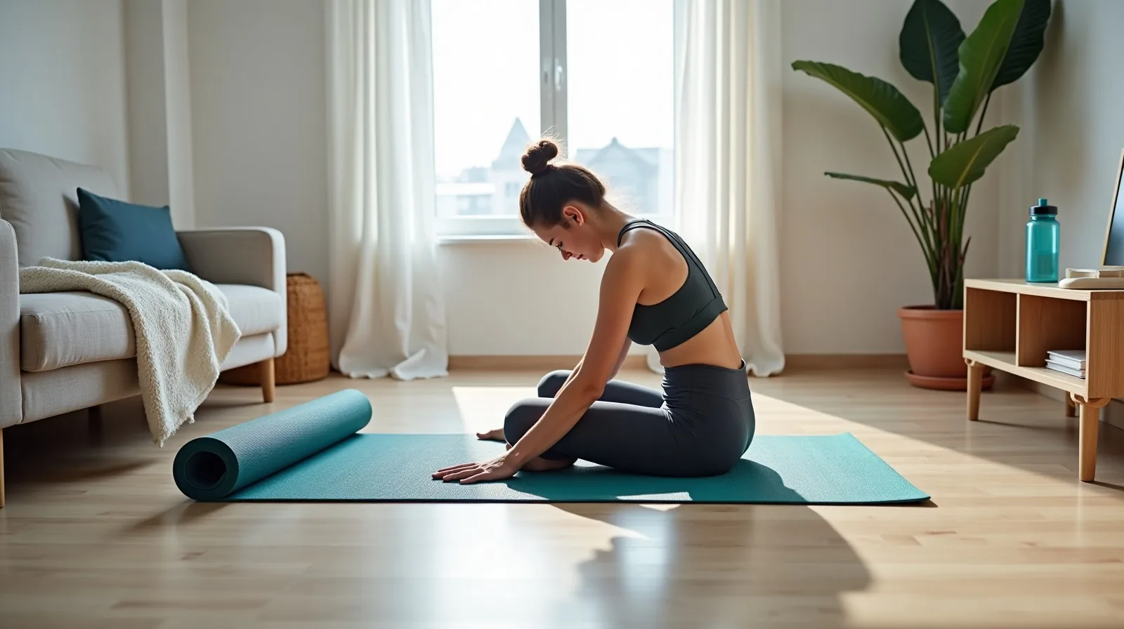 A living room with an exercise mat left unrolled on the floor beside a folded blanket and a water bottle, and a person sitting on the mat reaching toward their feet, seen from behind.