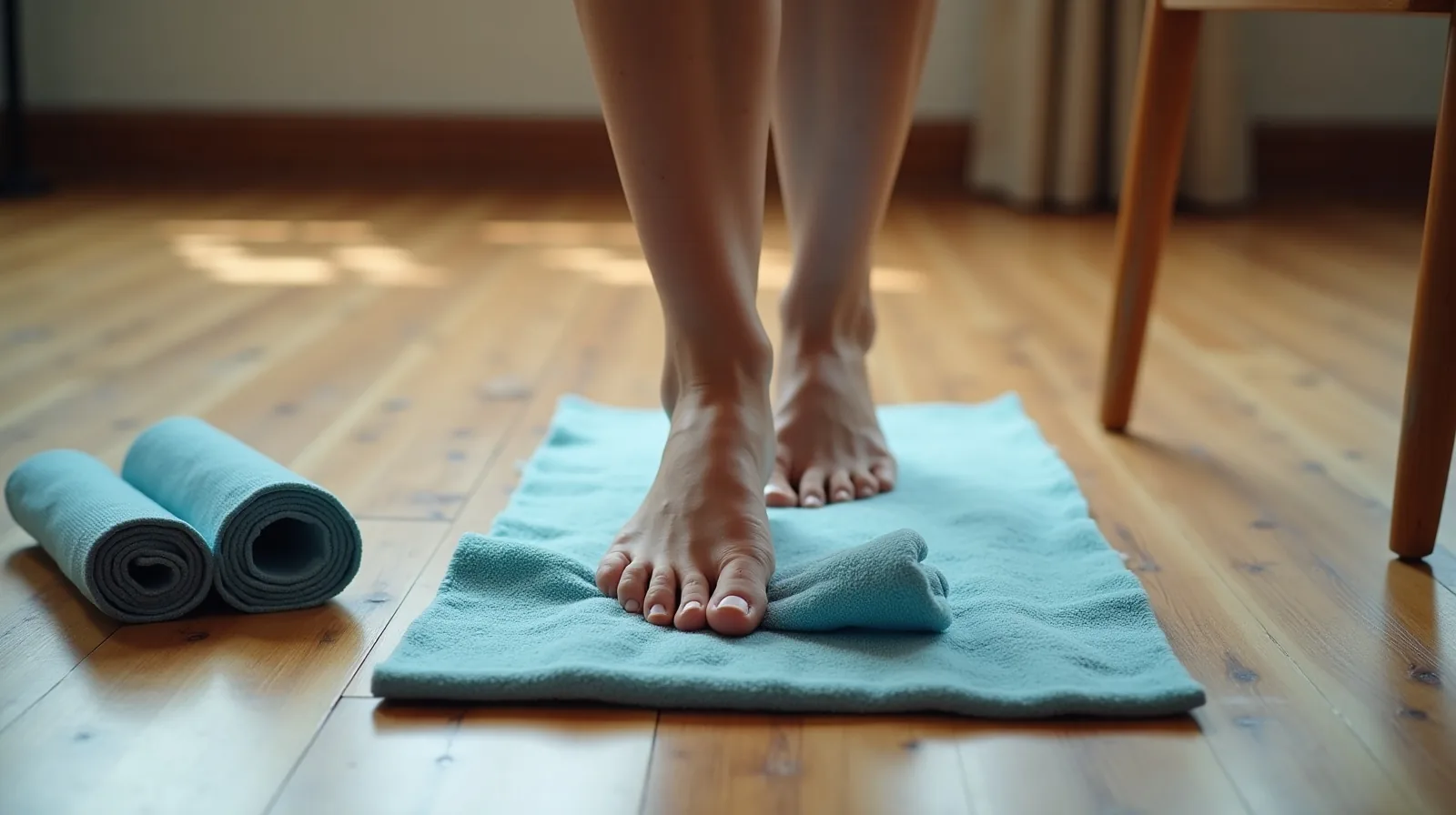 A bare foot gripping and dragging a folded hand towel across a wooden floor next to a second towel and a coiled resistance band