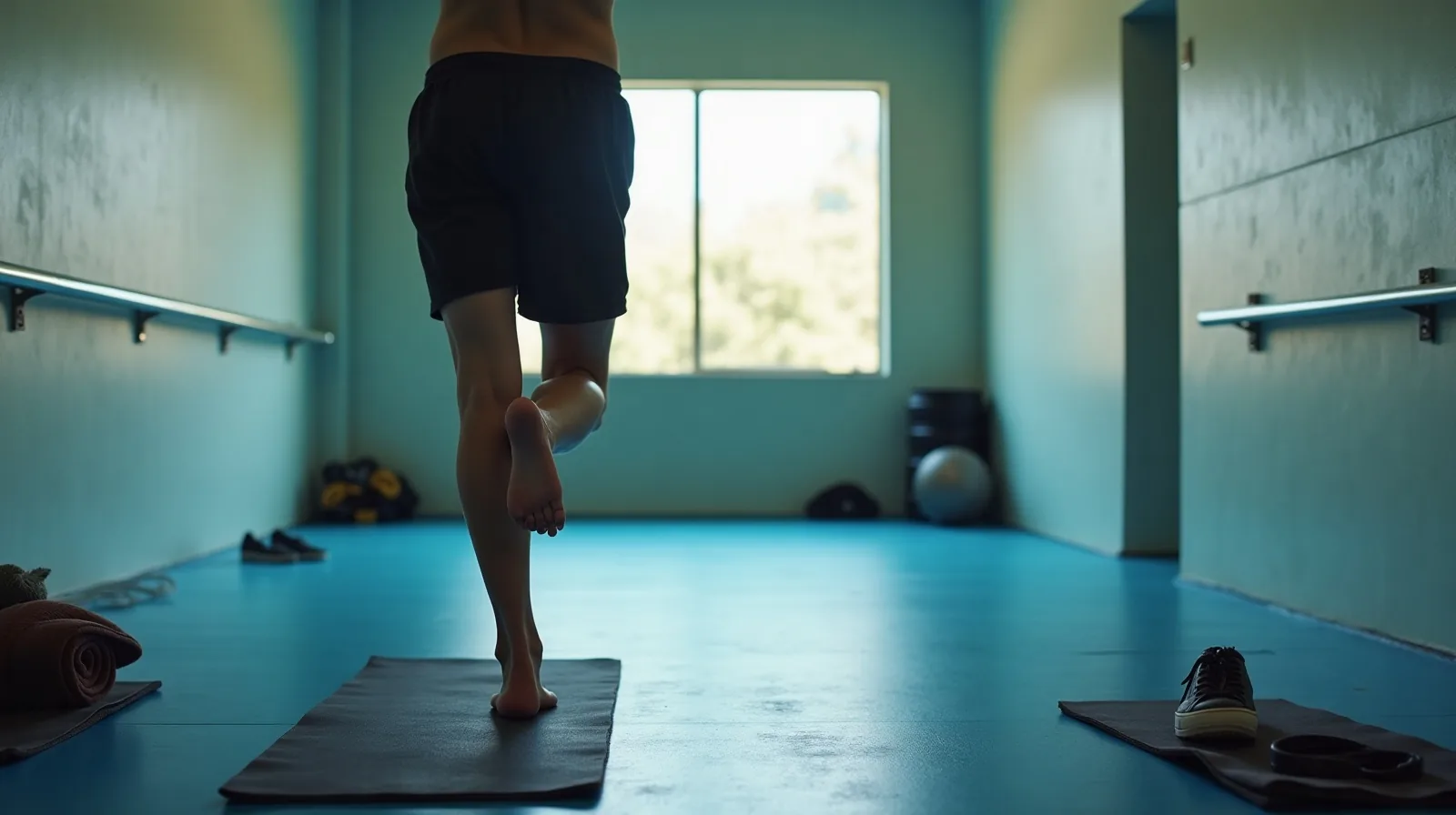 A wide view of a gym floor corner with a rubber mat, balance pad, rolled towel and a pair of shoes set aside while a person stands barefoot on one leg near a wall rail