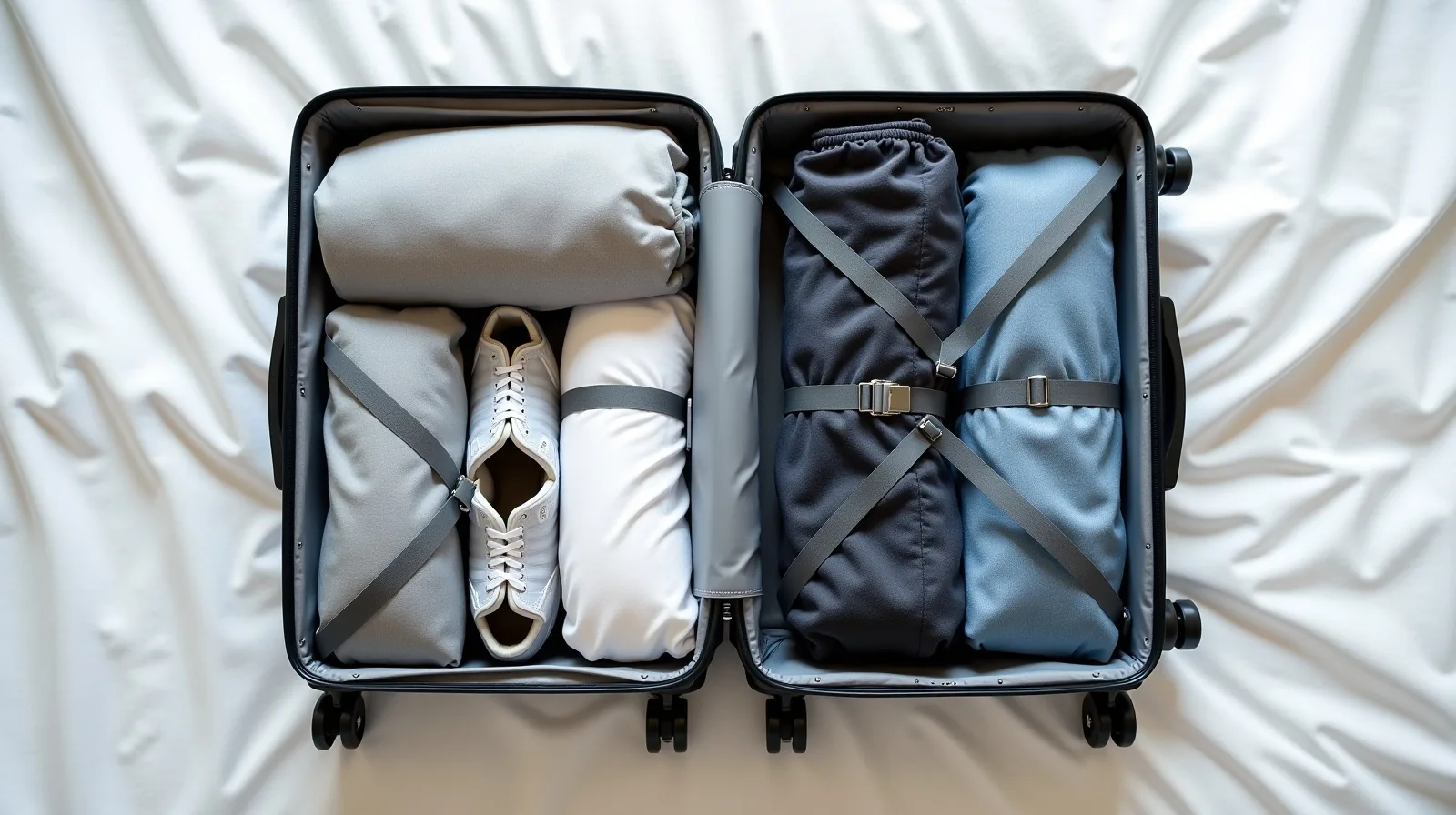 An open carry-on suitcase packed with rolled clothes in cubes, shoes along the wheel edge, and a belt lining the perimeter.