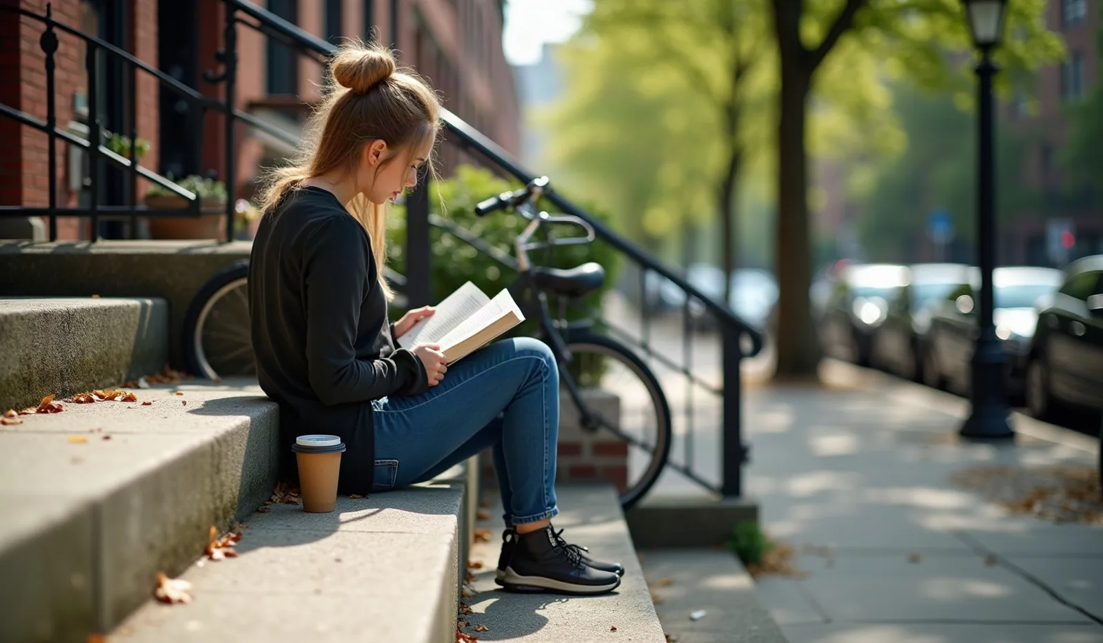 A person seen from behind sitting on stone steps outside a brick building reading a paperback in dappled daylight, a bicycle leaning on the railing and a takeaway coffee on the step beside them