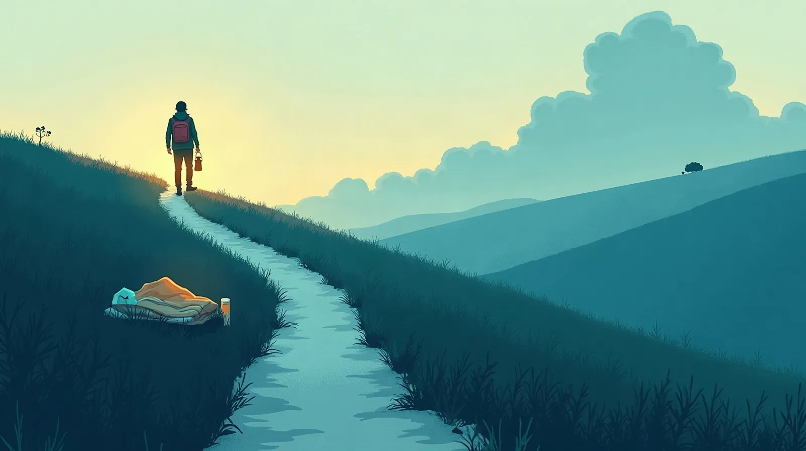 An illustration of a person walking up a winding hillside path toward a glowing horizon with a small lantern in one hand and a backpack, a large soft cloud sitting off to the side and a folded blanket resting on the grass below
