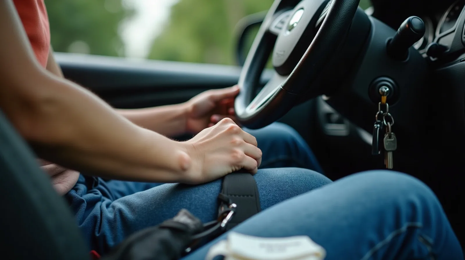 A close view of a teenager's hands resting on the steering wheel of a parked car with a backpack strap and water bottle on the passenger seat