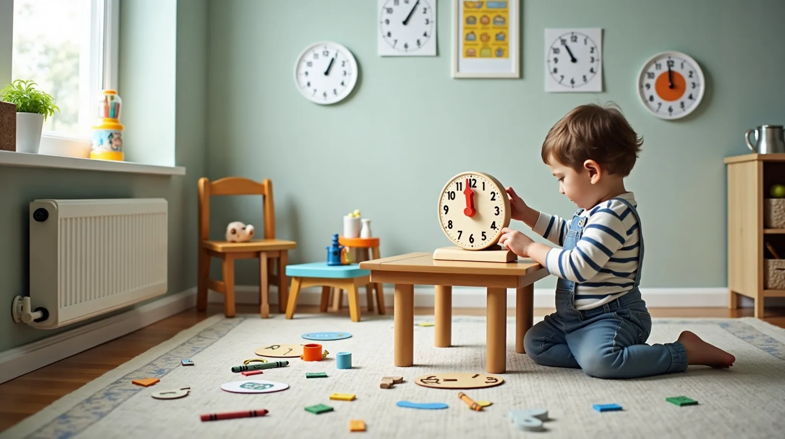 A bright playroom corner with a wooden teaching clock on a low table beside paper-plate clock faces, crayons and a wind-up timer, a child kneeling on the rug seen from behind