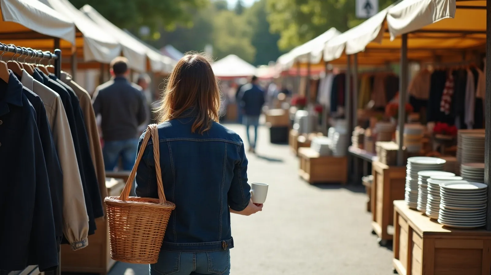 A person seen from behind browsing a rack of jackets at an outdoor weekend flea market, a wicker basket on one arm and a mug in hand, with stalls of stacked plates and canopies along the street